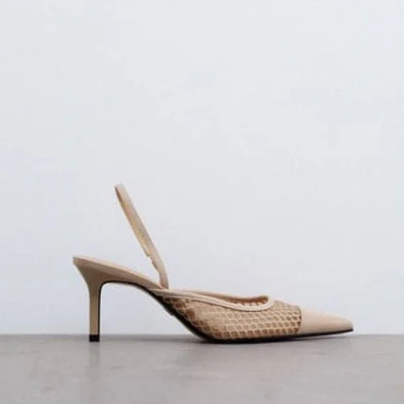 Zara NWT Mesh net detail pointed toe sling back heels size 40 - Picture 9 of 12